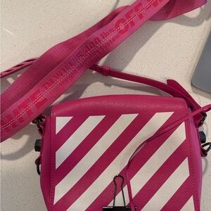 Off-White Hot Pink and White Diagonal Stripe Crossbody Bag